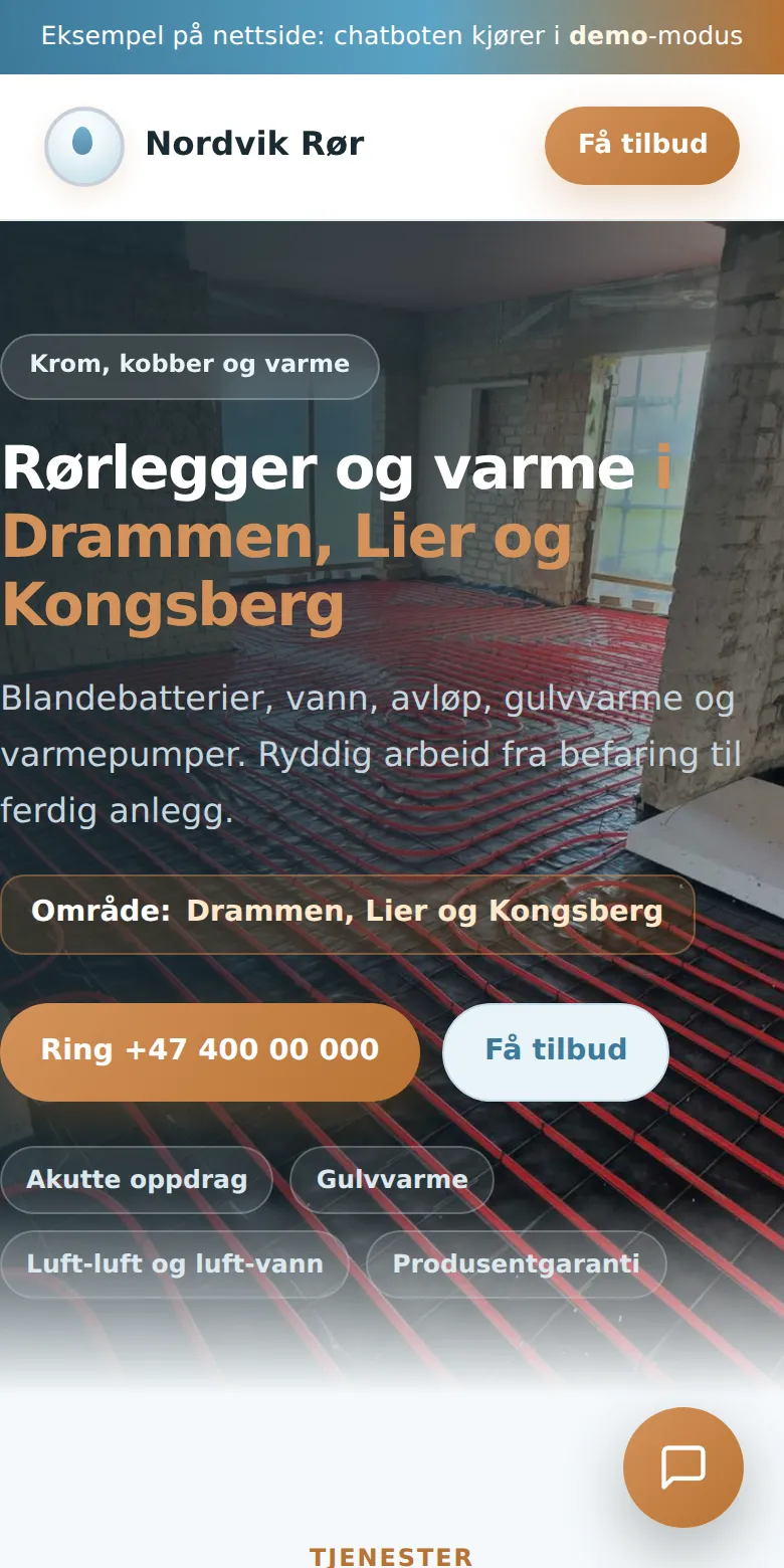 Demo-nettside for en rørlegger på mobil